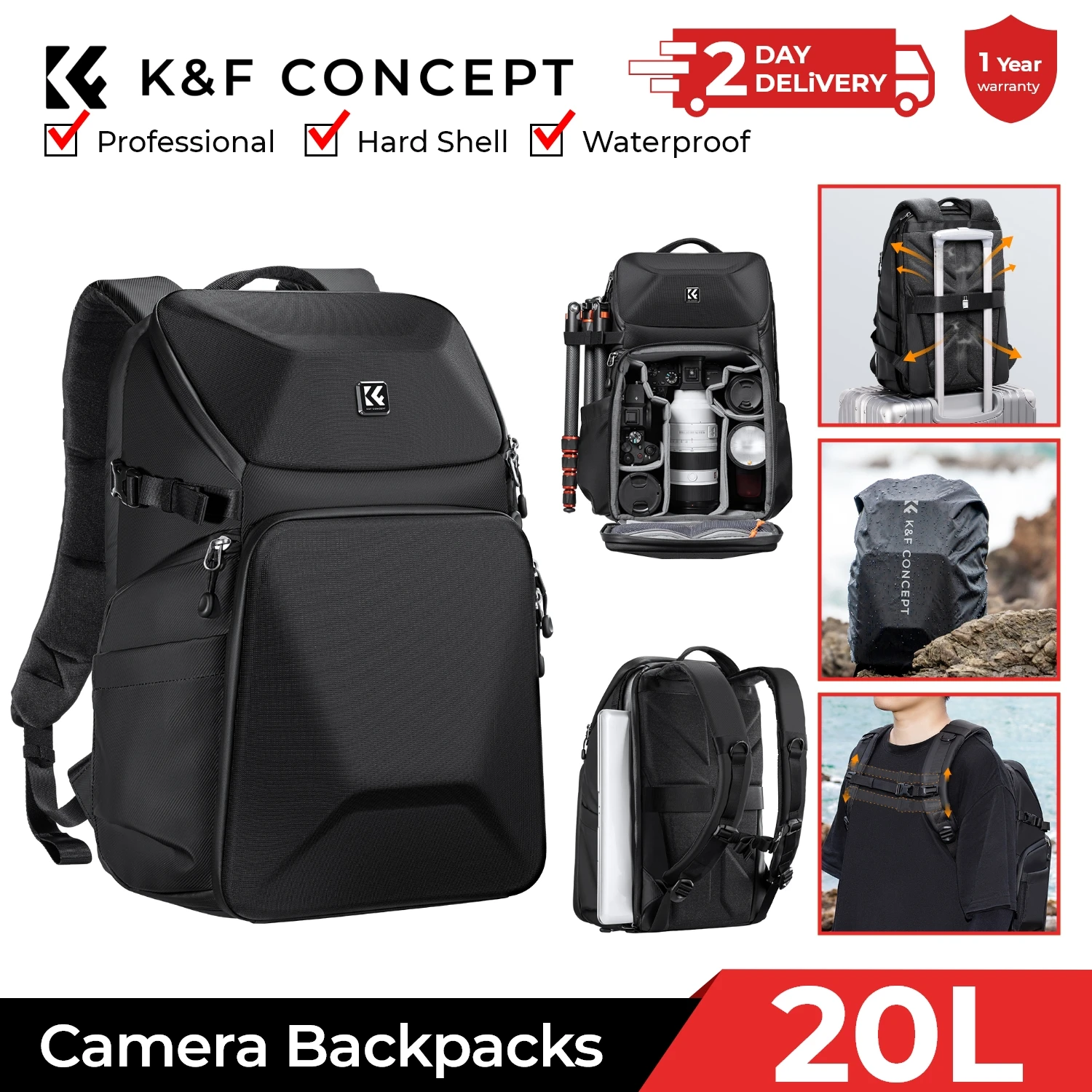 Photography Camera - K&F CONCEPT 20L カメラバックパック 防水フロントハードシェル /