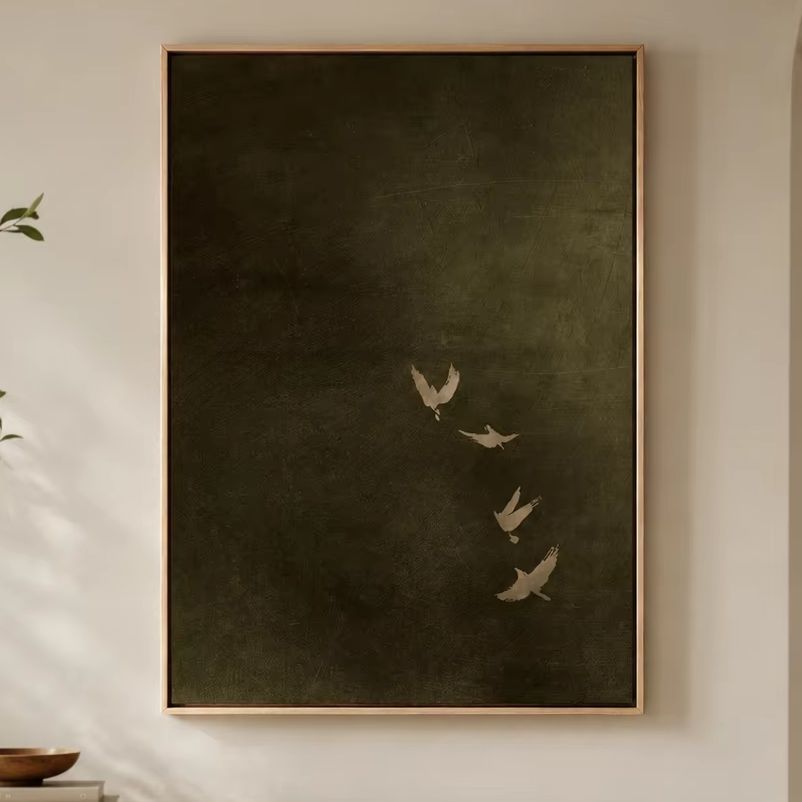 Photography Dark - オリーブグリーンの鳥のキャンバスアート、ダークムーディーな額装アート、ミニマリストジャパンディリビングルーム装飾キャンバスウォールプリント、寝室用