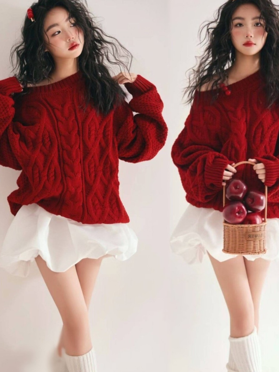 Photography Online - 赤いセーターの女の子スタジオアート写真雰囲気感覚写真撮影服甘い若々しいスタイル若い女性向けオンライン限定