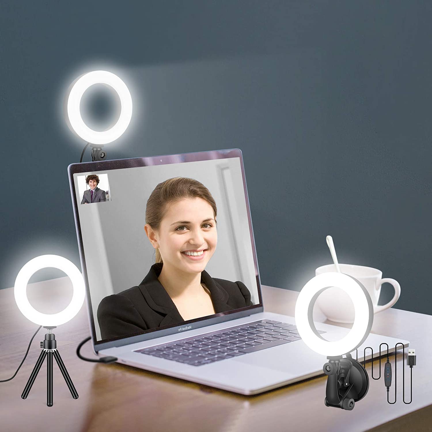 Photography Zooming - ズーム会議用16cmリングライト,ラップトップ,リングライト,三脚,リングライト,電話,コンピューターモニター用吸盤付き