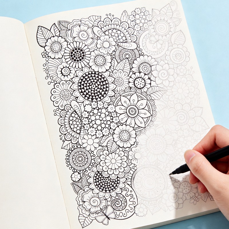 Photography Book - 大人のためのストレス解消手描き落書きブック、宇宙/海/デザート/花をテーマにした24種類の模様の線画ぬりえアルバム
