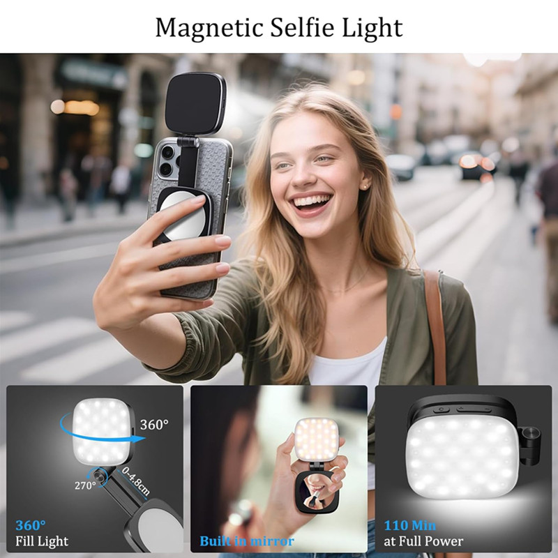Photography With Iphone 15 - 折りたたみ式マグネット式スマホ自撮りライト（ミラー付き、MagSafe対応）、iPhone 16/15用フィルライトLEDリングライト、ビデオ撮影アクセサリー