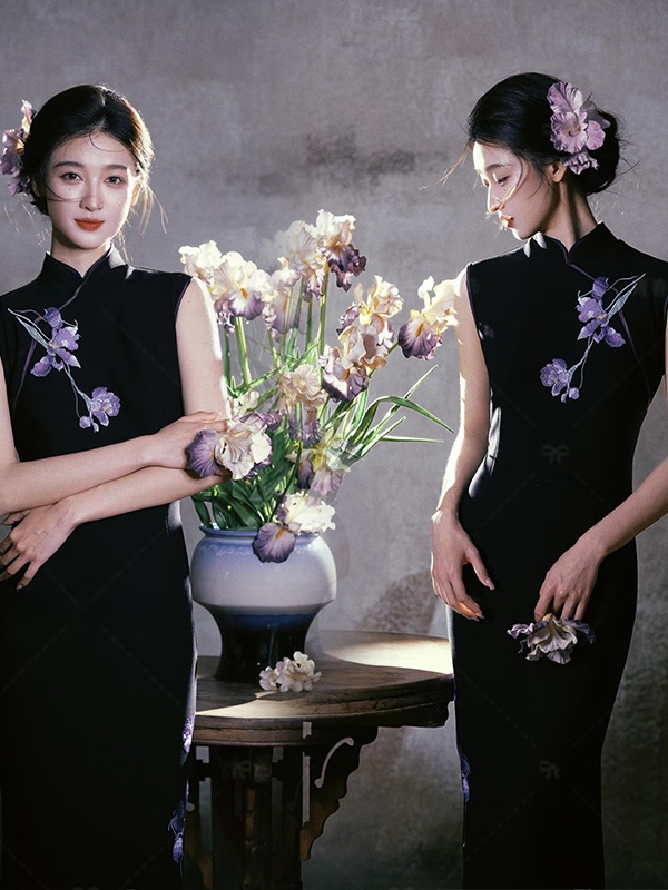 Photography Young - 新しい中国風ヴィンテージ黒刺繍ドレスヤングバージョンスリムフィット高級感のある女性用写真撮影ドレス